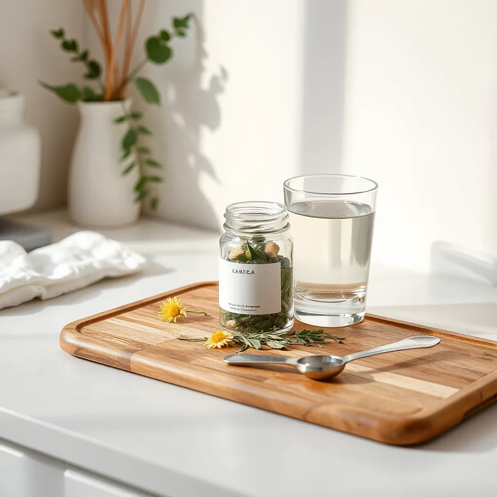 צנצנת תוסף טבעי וכוס מים עם עשבי תיבול על משטח נקי לתמיכה בשמירה על משקל תקין