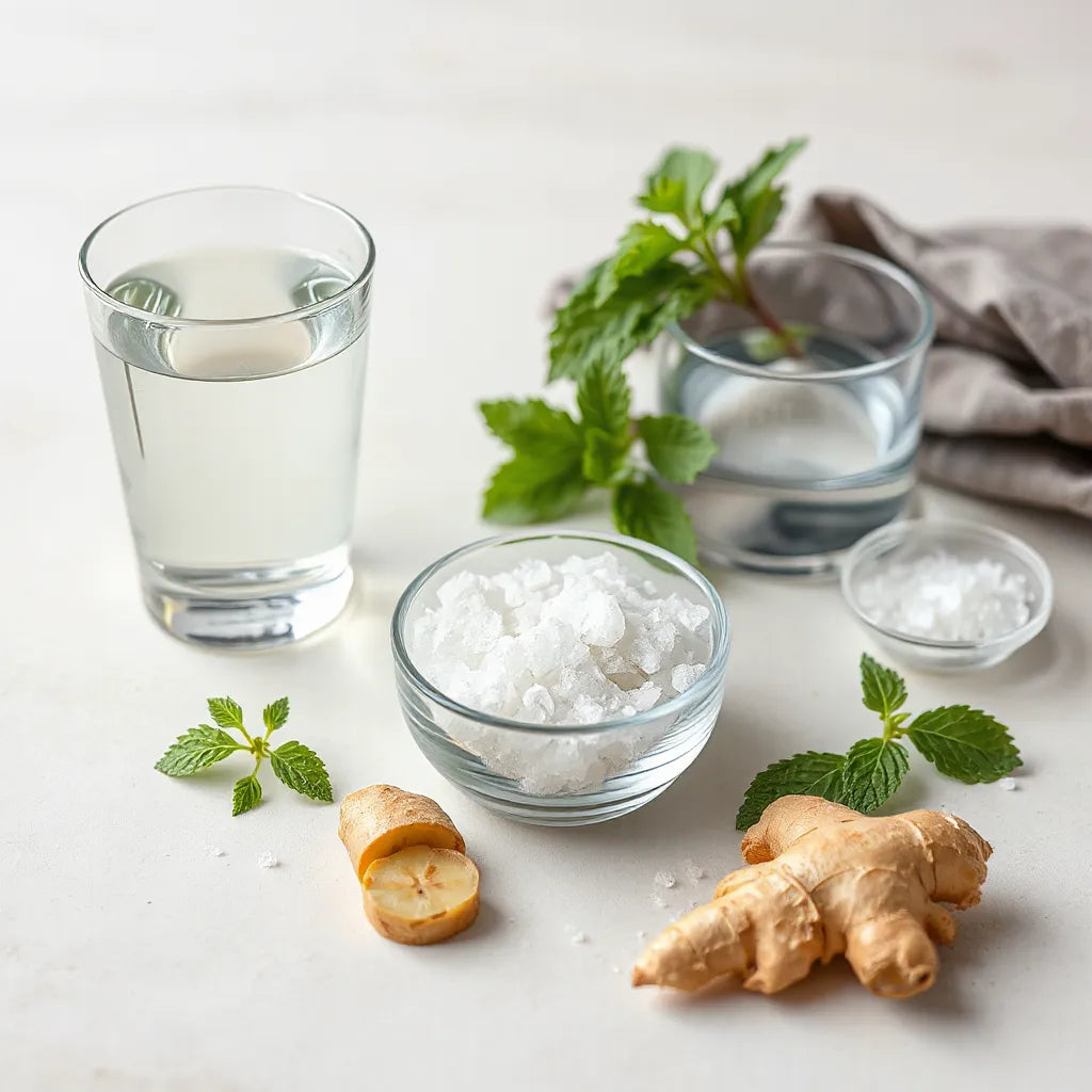 קערית עם גבישי מלח ים, עשבי תיבול וג’ינג’ר לצד כוס מים צלולים לשיפור עיכול