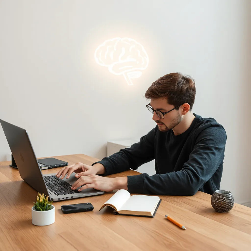 אדם עובד ליד מחברת ולפטופ, עם רמזים ויזואליים לתהליכי ריכוז וזיכרון ברקע מואר