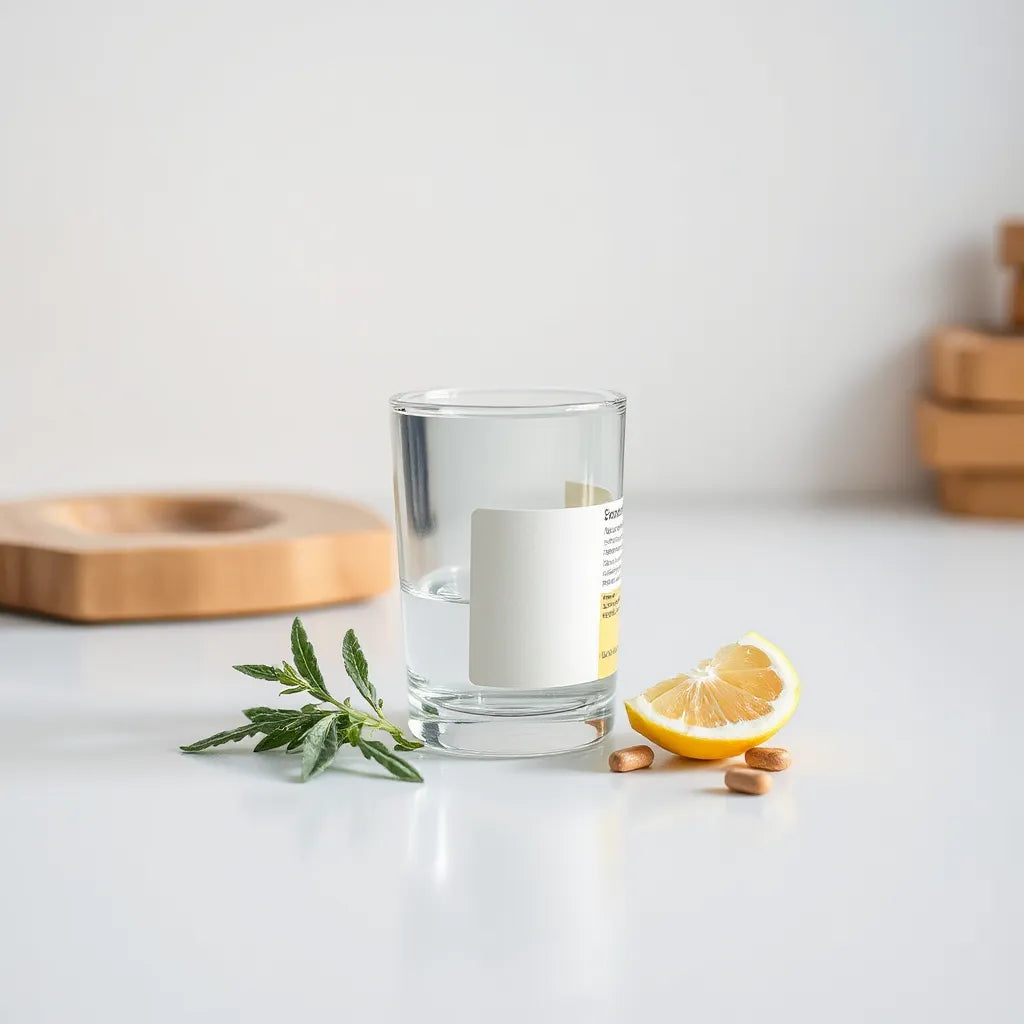 בקבוק תוספי תזונה ומים לצד עשבי תיבול בסביבה ביתית מוארת בעדינות