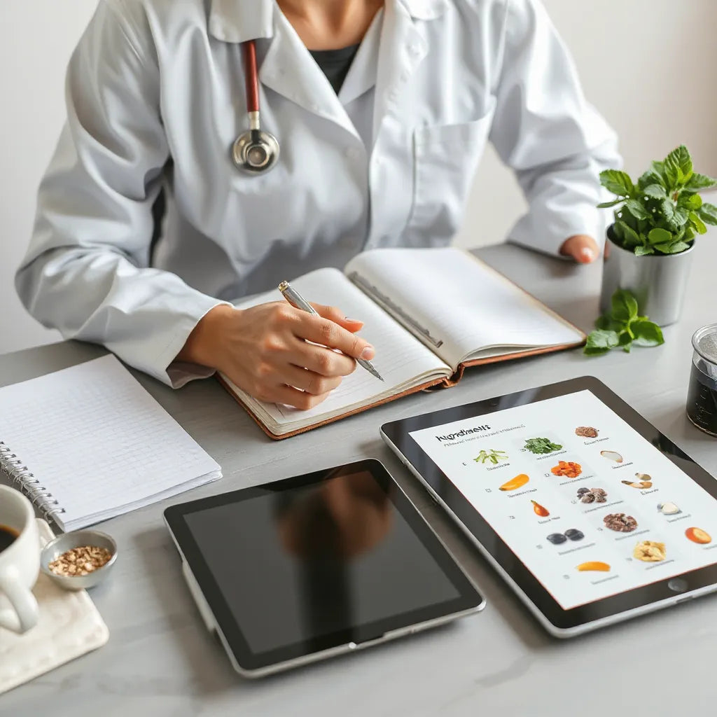 מומחה לבריאות בונה פורמולה מותאמת עם מחברת וכלי מדידה על שולחן מואר באור טבעי