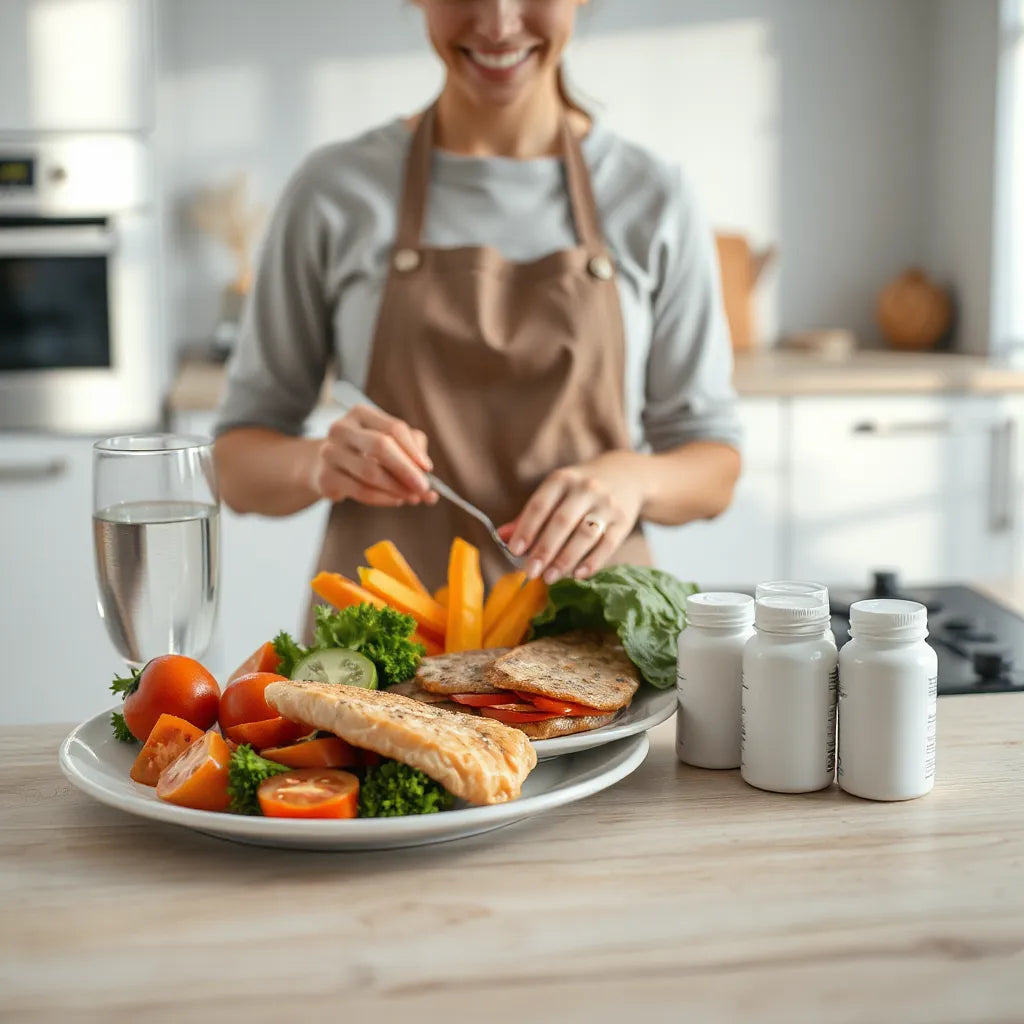 אדם מכין ארוחה מאוזנת במטבח עם ירקות, חלבון וכוס מים באור טבעי