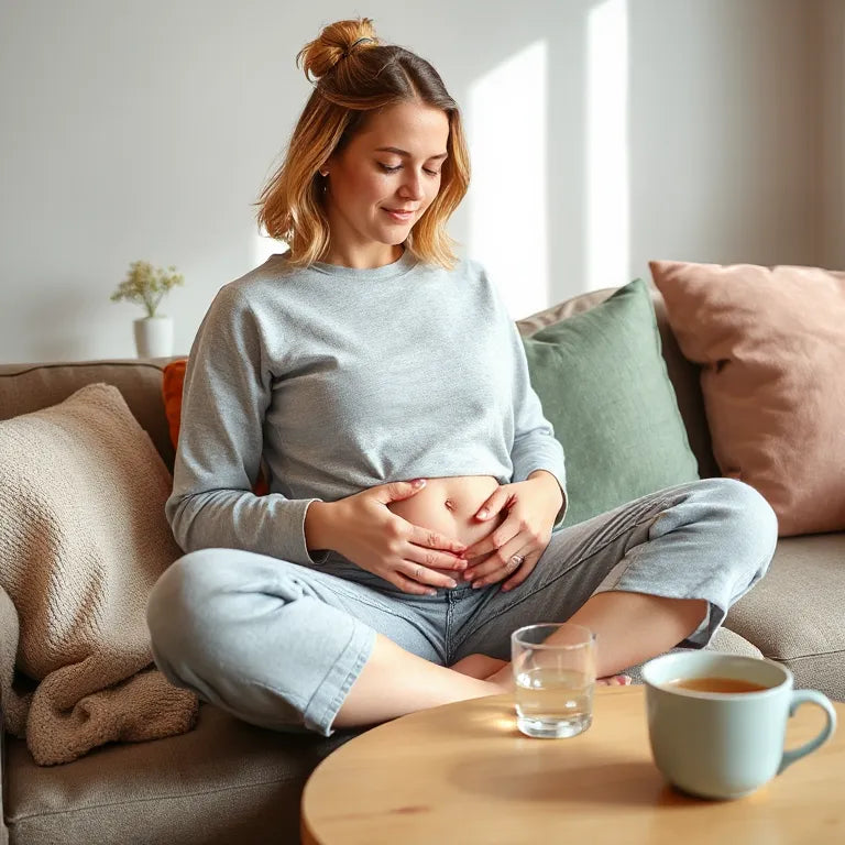 Woman seated comfortably holding her lower abdomen with warm natural light and a glass of water nearby