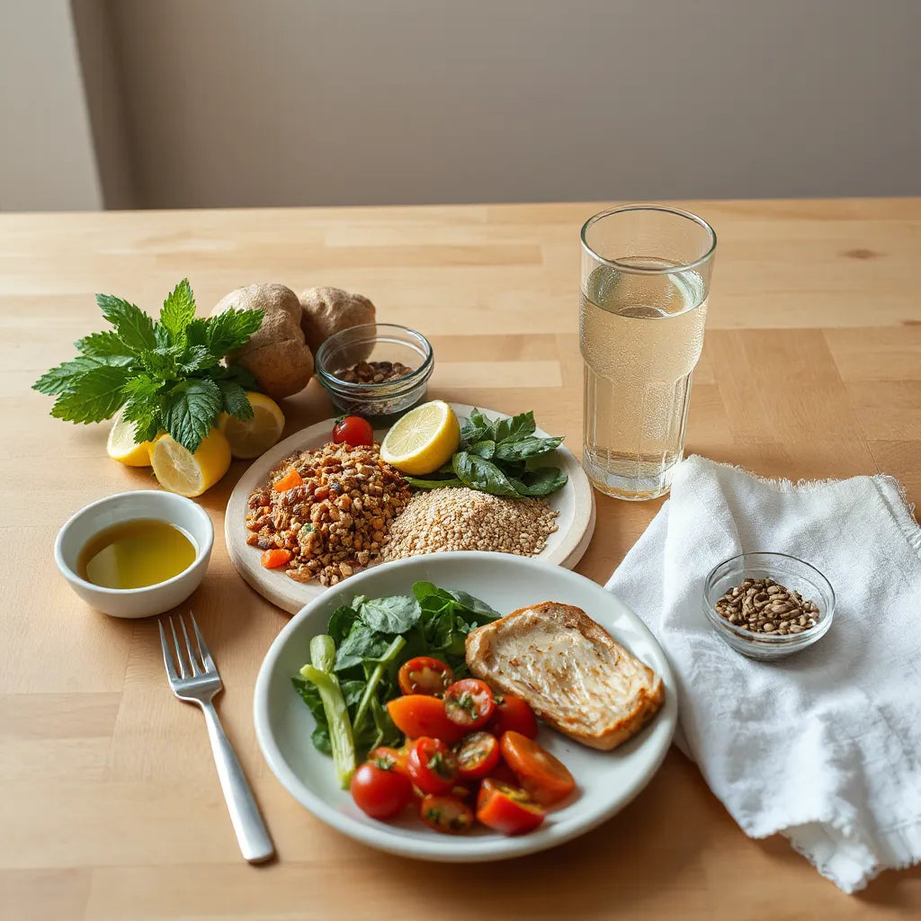 צלחת מאוזנת עם ירקות ודגן מלא לצד חלבון, כוס מים וקעריות תבלינים על שולחן עץ מואר באור טבעי