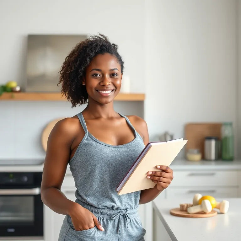 Happy black woman holding a notebook in a bright space, suggesting simple weight loss planning