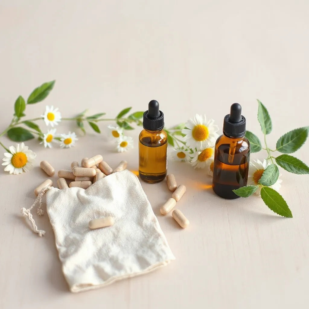 מבחר מוצרי בריאות טבעיים לצד צמחי מרפא טריים על שולחן עץ בהיר