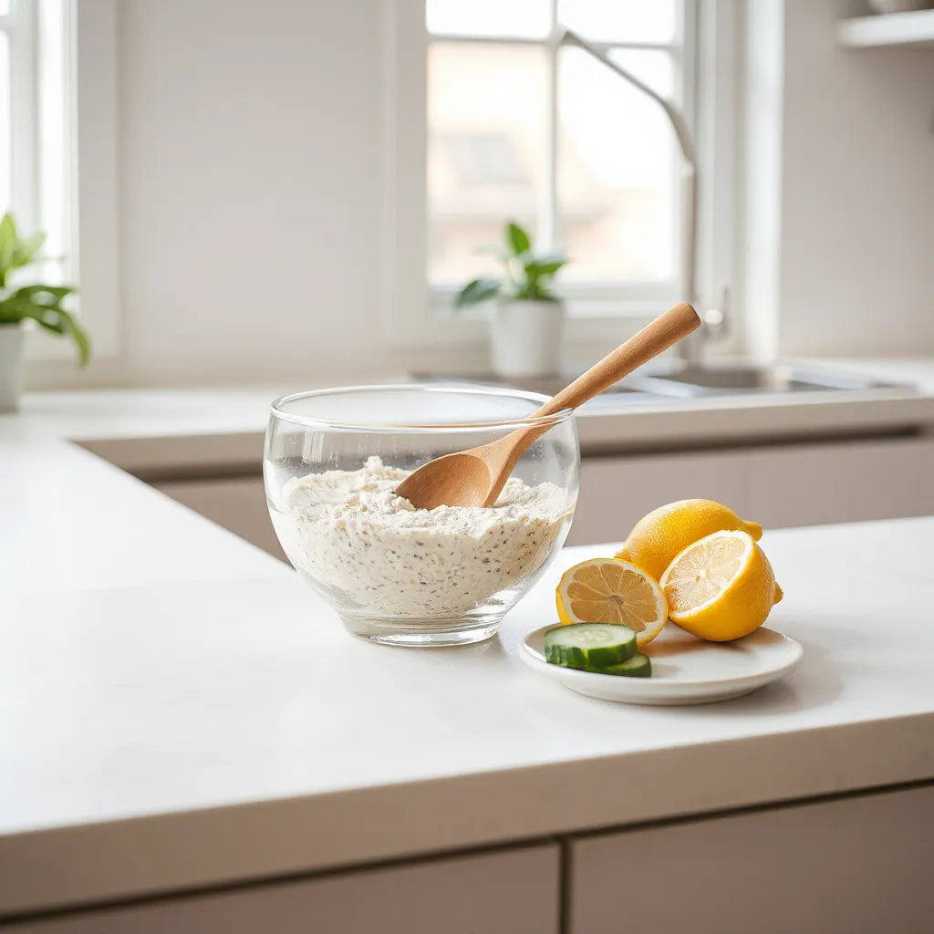 קערת זכוכית עם תערובת בהירה על דלפק מטבח נקי, לצד מלפפון ולימון להקלה על נפיחות