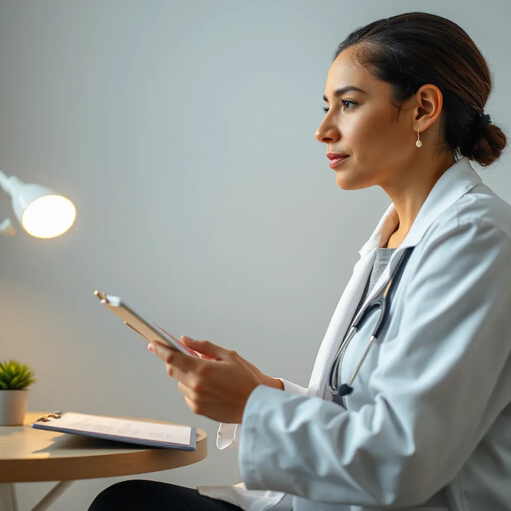 אדם בייעוץ רפואי בחדר קליניקה, עם איש מקצוע שמוביל תהליך אבחון ושיחה תומכת