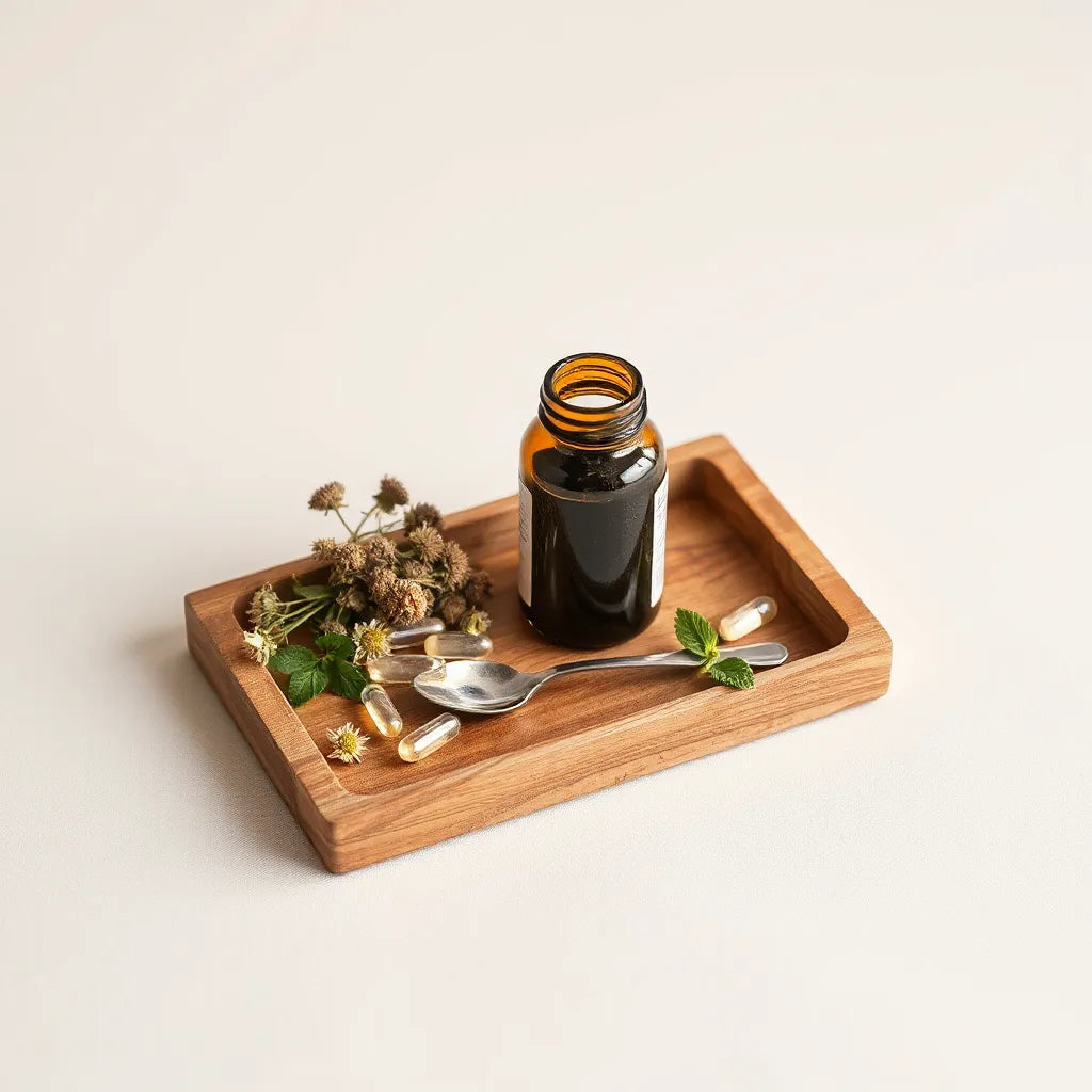 בקבוק זכוכית של תוסף תזונה טבעי עם כמוסות ועשבי תיבול טבעיים על מגש עץ בהיר
