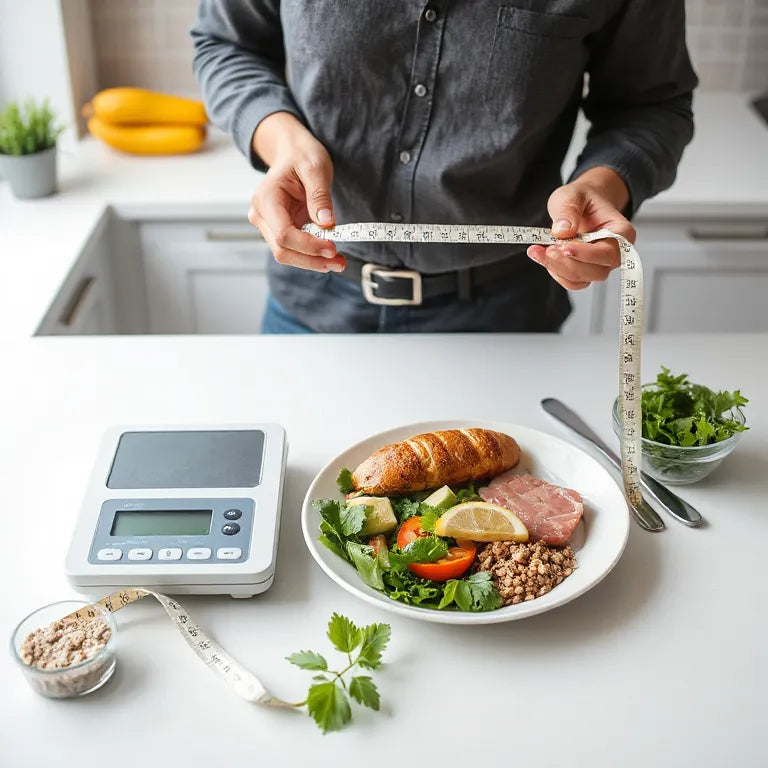 Balanced meal with measuring tape and digital scale on a kitchen counter